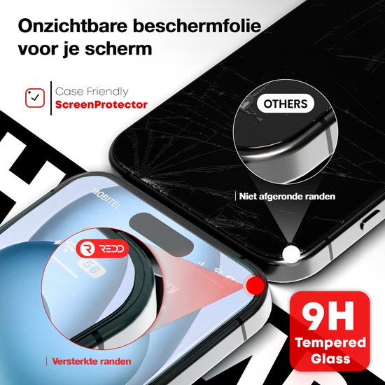 Een gebarsten scherm naast een screenprotector, "9H Tempered Glass".