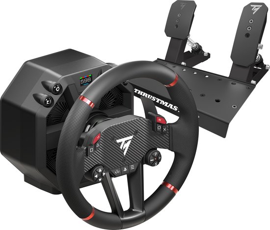 Zwart racestuur met carbon look middenstuk, rode accenten en bijpassende pedalen.