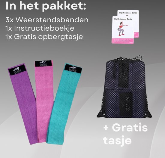 AJ-Sports Weerstandsbanden - Booty Band - Resistance band - Fitness elastiek - Paars/Roze/Cyaan - set van 3 - Fitness - Inclusief handleiding en draagtas
