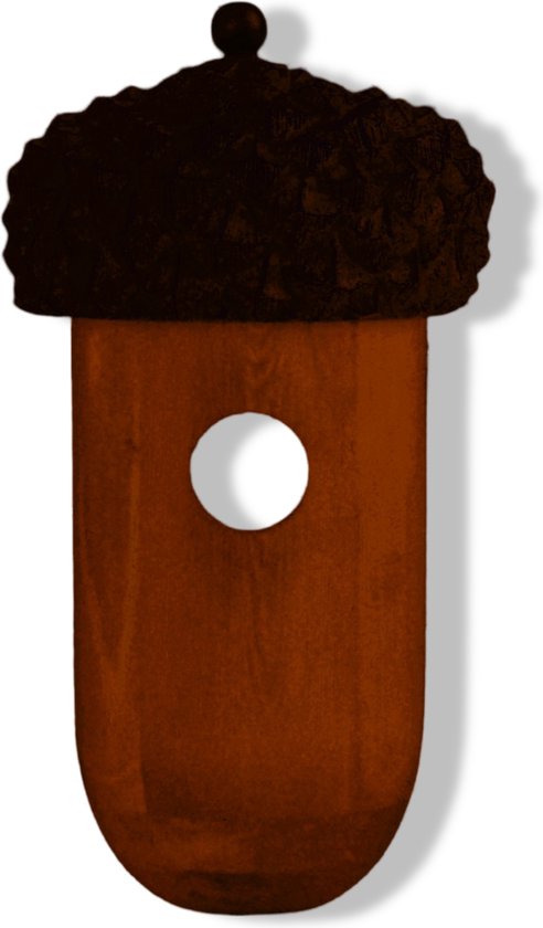 Houten vogelhuisje in de vorm van een eikel met een donkerbruin, gedetailleerd 'hoedje' en een rond ingangsgat.