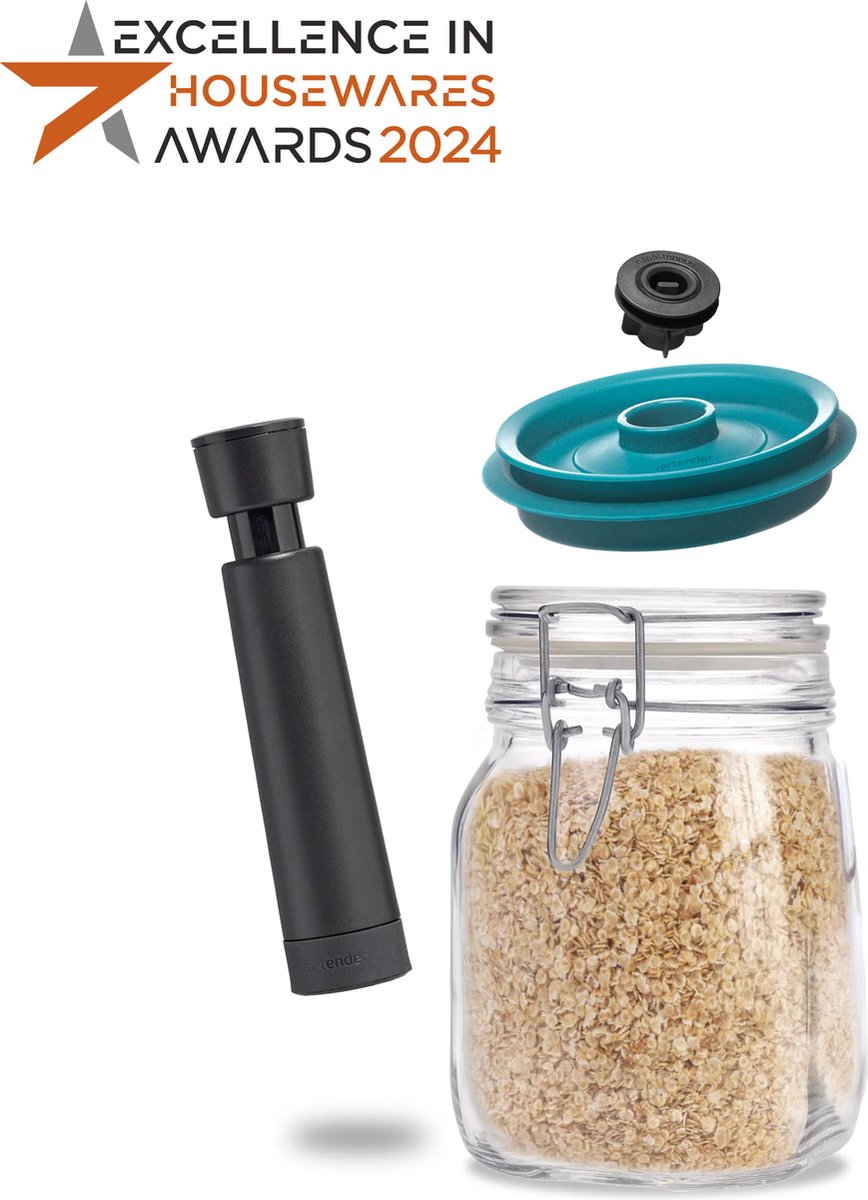 Airtender Bormioli Rocco Fido 1000 ml Weckpot - Vierkant - met Vacuümdeksel & GRATIS Vacuümpomp - Nieuw: Vacuüm bewaren in Weckpotten