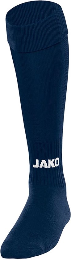 Chaussette bleu marine unique avec bord retourné et logo Jako blanc sur le mollet.