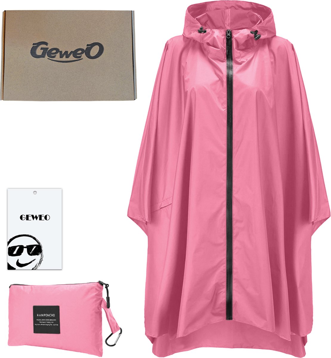 Geweo Regenponcho Volwassenen - Regenmantel Poncho - Raincoat Heren -Fietsponcho - Fietsponcho Fiets Dames - Herbruikbaar- One Size - Unisex - Adjustable Hood en Snap-buttons - Roze