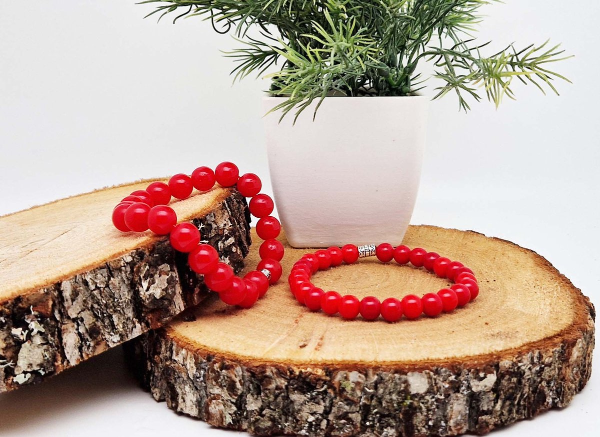 Handgemaakte Klassieke natuurstenen armband “Bloedkoraal ” - 8 mm diameter van de korrel- Diameter armband 20 cm - Een mooi cadeau voor familie en vrienden