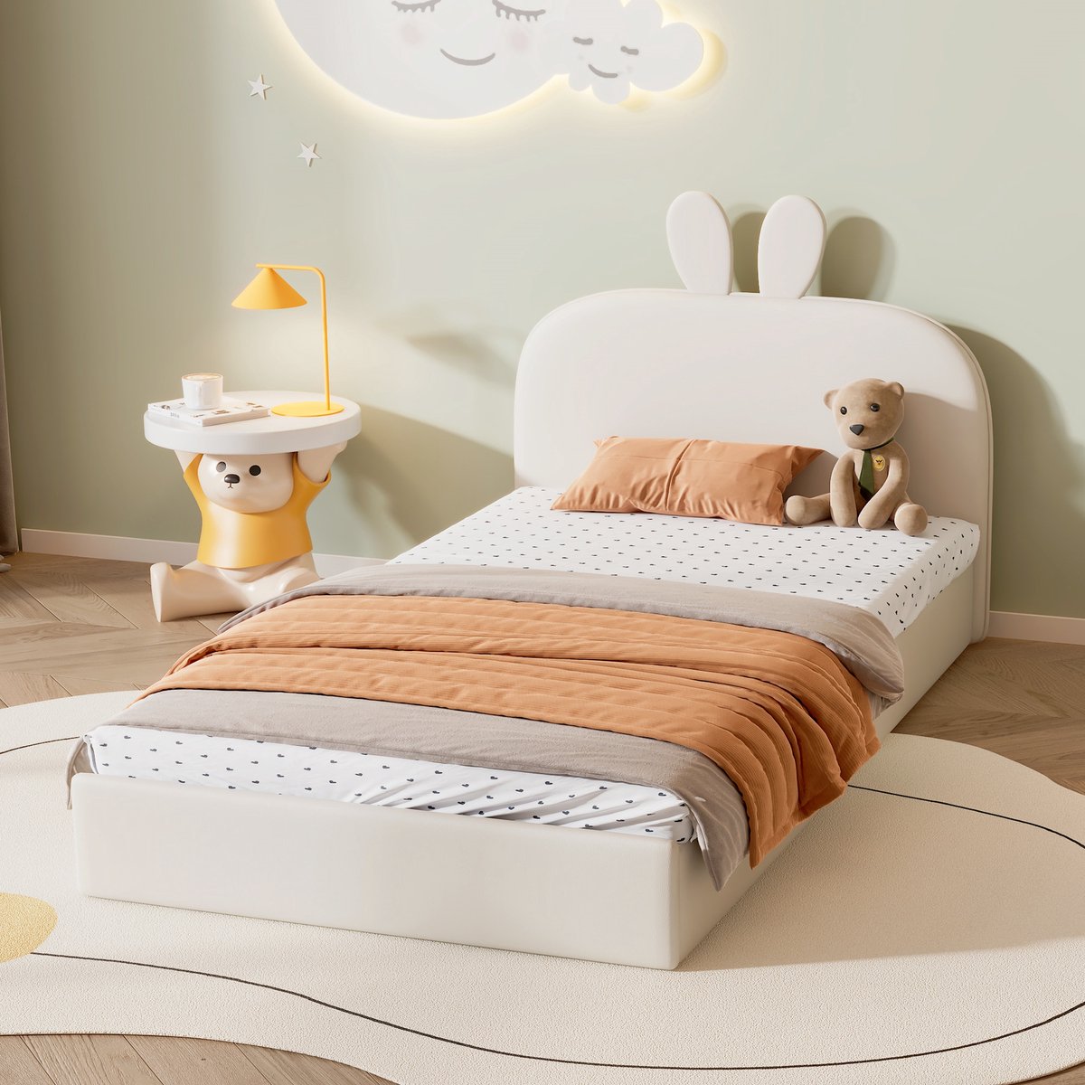 Gutent Kinderbed, Beige (Zonder matras), 90x200 cm , Gestoffeerd bed met konijnenhoofdbord, Kinderbed met houten lattenbodem, Eenpersoonsbed, Fluweel