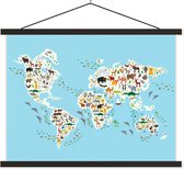 Wereldkaart avec des animaux pour enfants assiette scolaire lattes plates noir 150x113 cm - Tirage photo sur poster textielposter (décoration murale salon / chambre)