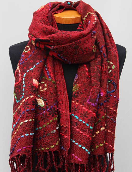 Wollen geborduurde sjaal en omslagdoek Rood, Merino wol, 72*190 cm