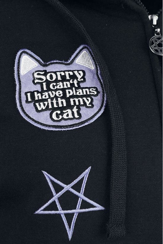 Manteau à capuche noir Gothicana avec écusson chat cousu - Femme - L