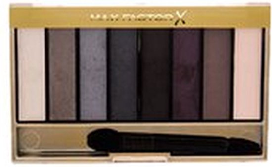 Max Factor oogschaduwpalet met acht matte grijze en roze tinten, inclusief applicator.
