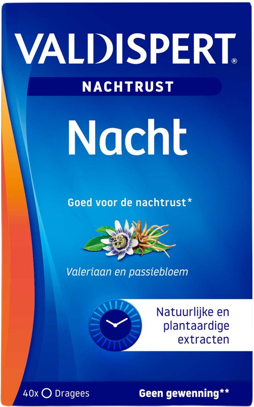 Valdispert Nacht 40 dragées met valeriaan en passiebloem voor natuurlijke nachtrust.
