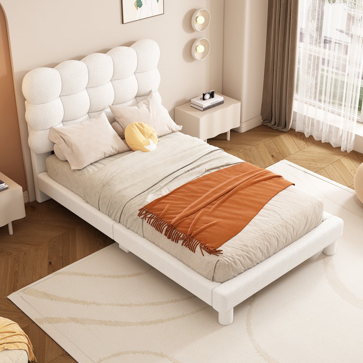 Gutent Kinderbed, Wit(Zonder matras), Plat bed 90x200 cm, Gestoffeerd bed, Comfortabel Gestoffeerd hoofdeinde, drievoudig verstelbaar hoofdeinde, roze look, stijlvol en eenvoudig