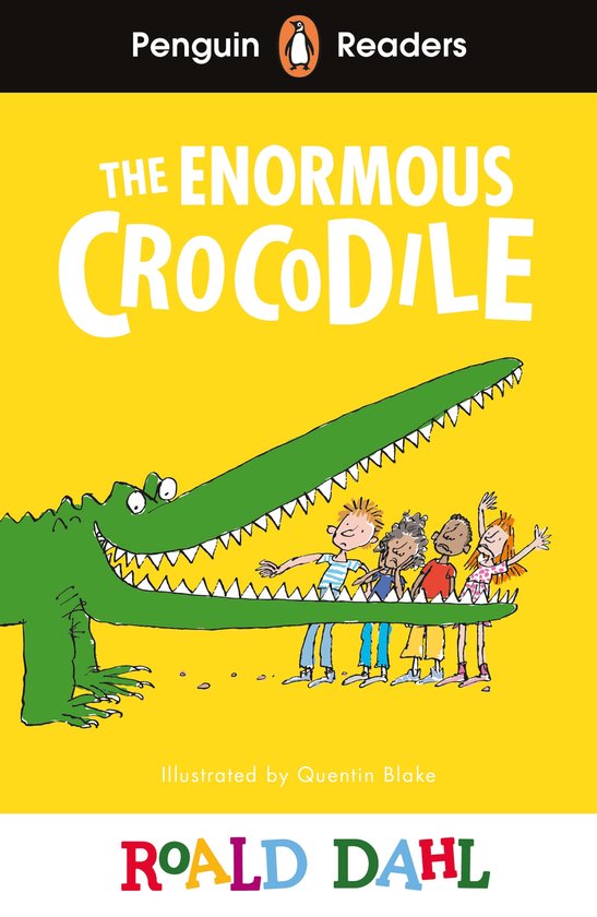 Couverture de livre avec un grand crocodile vert accueillant un groupe d'enfants. Titre : THE ENORMOUS CROCODILE.