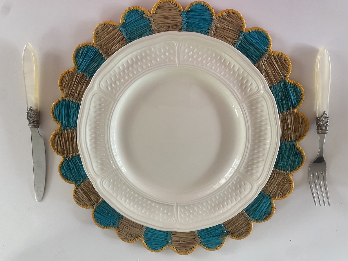 placemat/onderzetter rotan handgeweven turquoise yellow dot