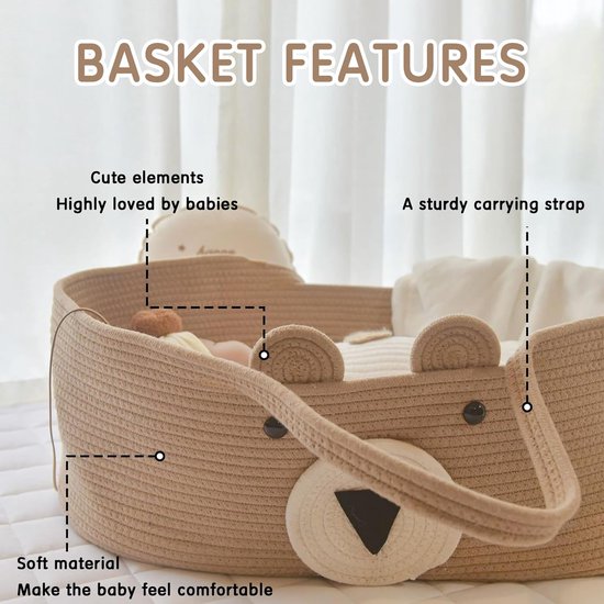 Babymandje, draagbaar, babybed, handheld mosesmand, katoenen mand