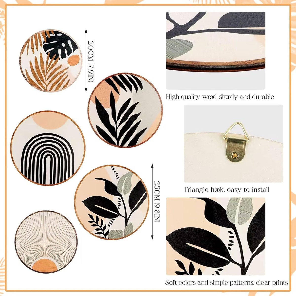 RXMORI Lot De 5 Décorations Murales Bohèmes En Bois - Décoration Murale Ronde Bohème - Décoration Murale Géométrique à Suspendre - Esthétique - Art Mural Minimaliste Pour Appartement Et Chambre à