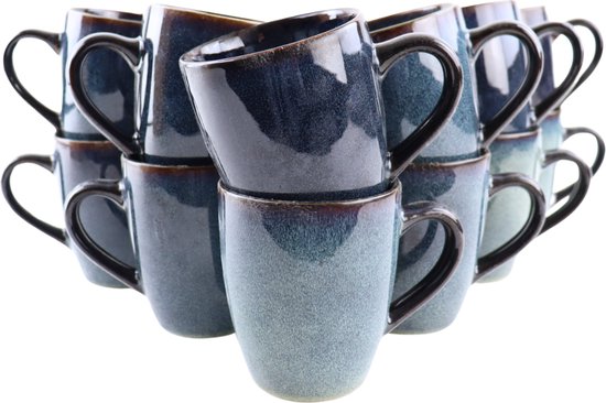 Tasses à café OTIX - avec oreille - Set de 12 - Sachets de café - Tasse à thé - 350 ml - Faïence - ÉBÈNE