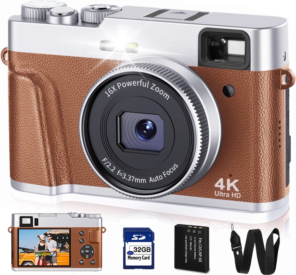Appareil Photo Numérique 4K 64MP – Autofocus, Selfie Double Objectif, Vlogging YouTube, Flash, Stabilisateur, Zoom 16x + Carte 32Go
