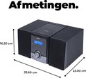 Zwarte Denver micro-installatie met afmetingen van 33,60 cm breed, 16,20 cm hoog en 23,00 cm diep.
