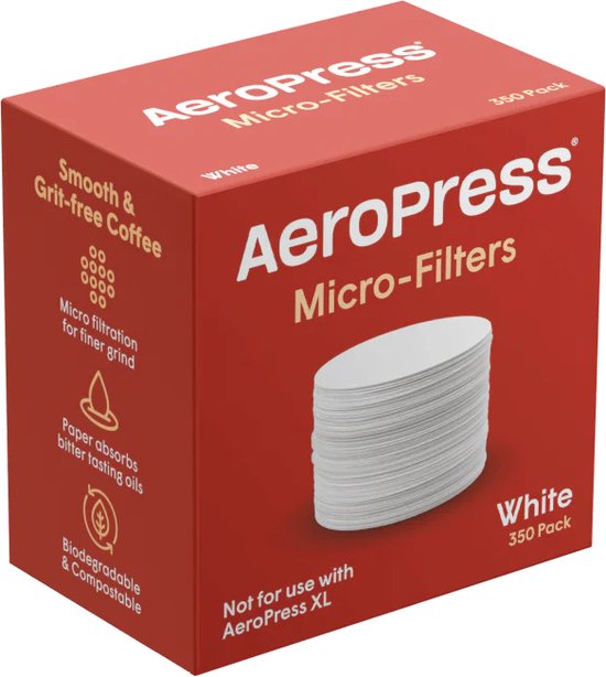 AeroPress Micro-Filters doos, wit, 350 stuks. Niet voor AeroPress XL. Zorgt voor gladde koffie zonder gruis.