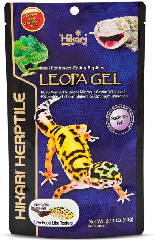 Reptielenvoer Leopa Gel, ideaal voor insectenetende reptielen. Met afgebeelde luipaardgekko, kameleon en tokkaygekko.