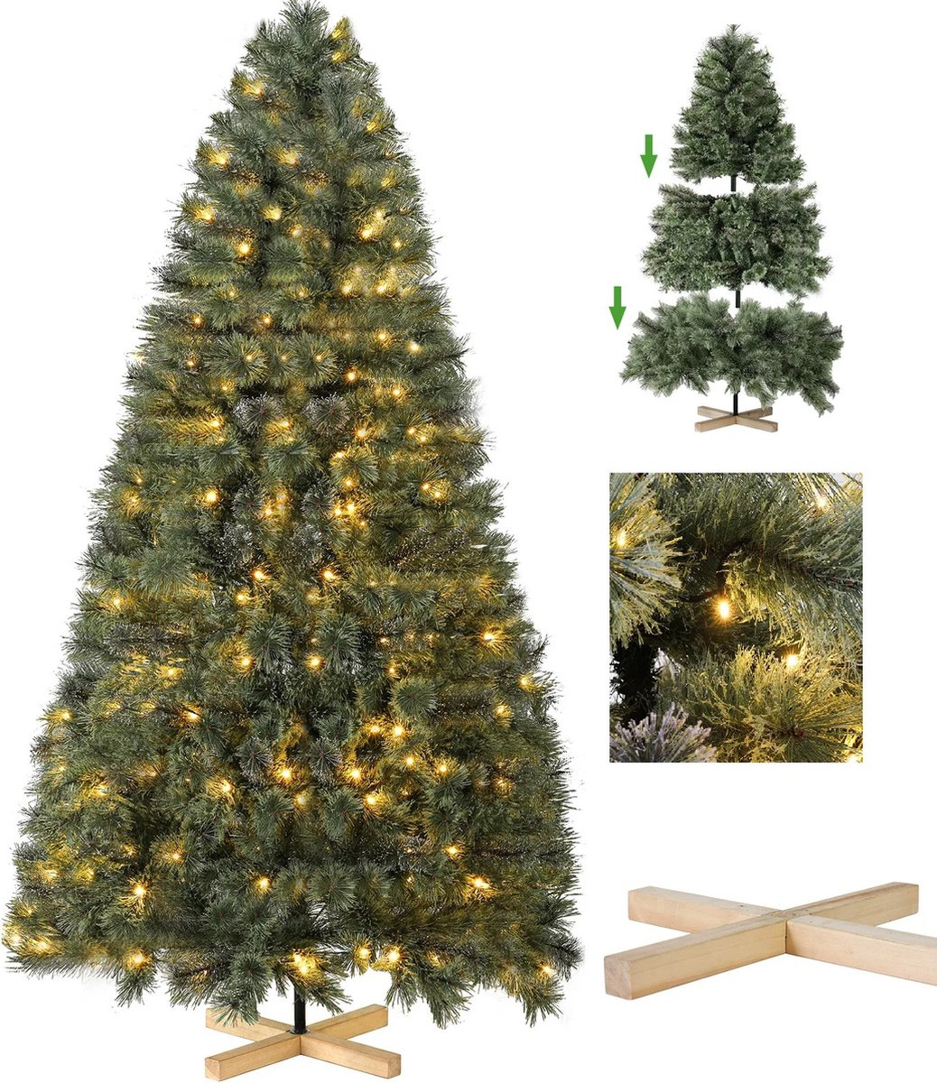 Tumex - Kunstkerstboom met Verlichting - Kunstkerstboom 180 cm - 510 Realistische PVC Takken - 250 LED-lampjes - Inclusief Houten Standaard