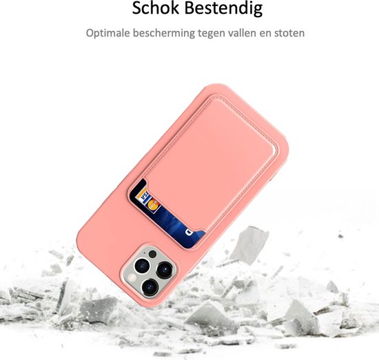 Coque de téléphone rose avec porte-cartes, posée sur des carreaux brisés. "Résistant aux chocs"