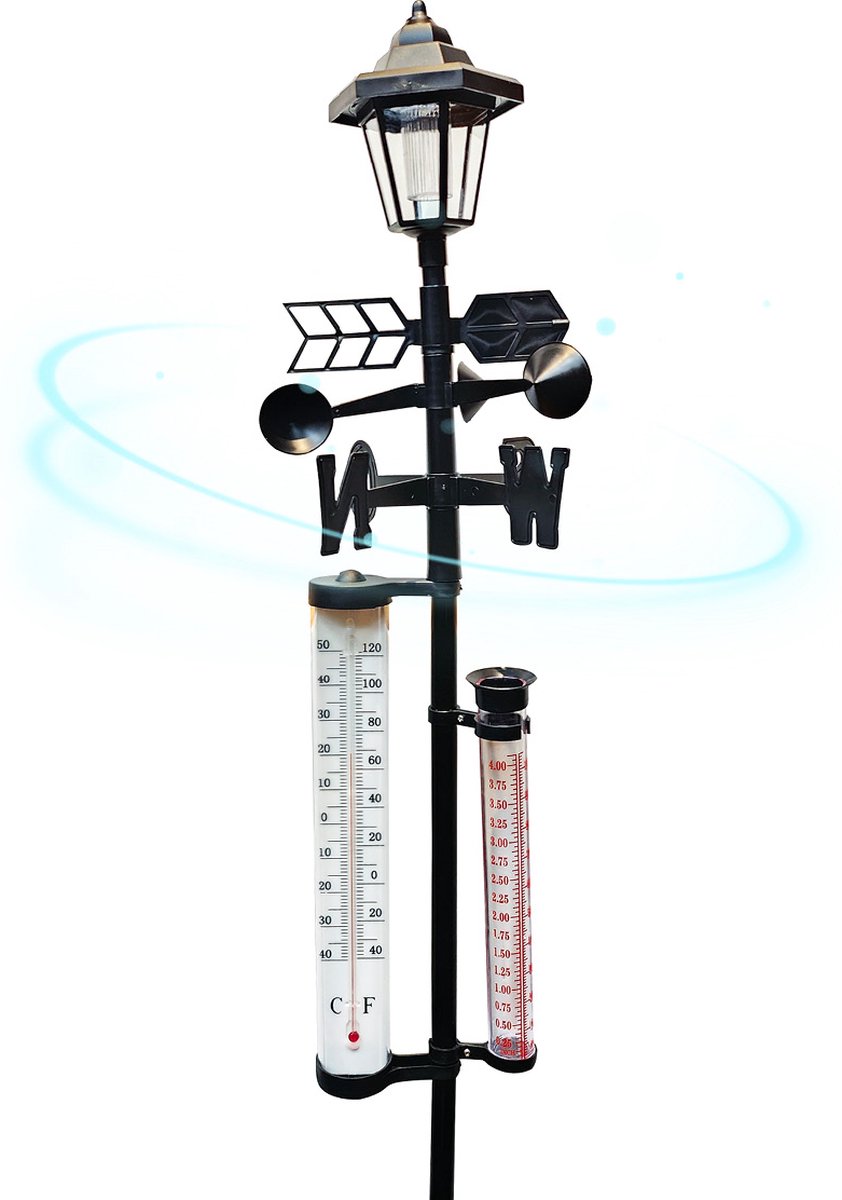 Solar Weerstation, 3-in-1 weermeter op zonne-energie – Regenmeter, windrichtingmeter en temperatuurmeter in Celsius en Fahrenheit