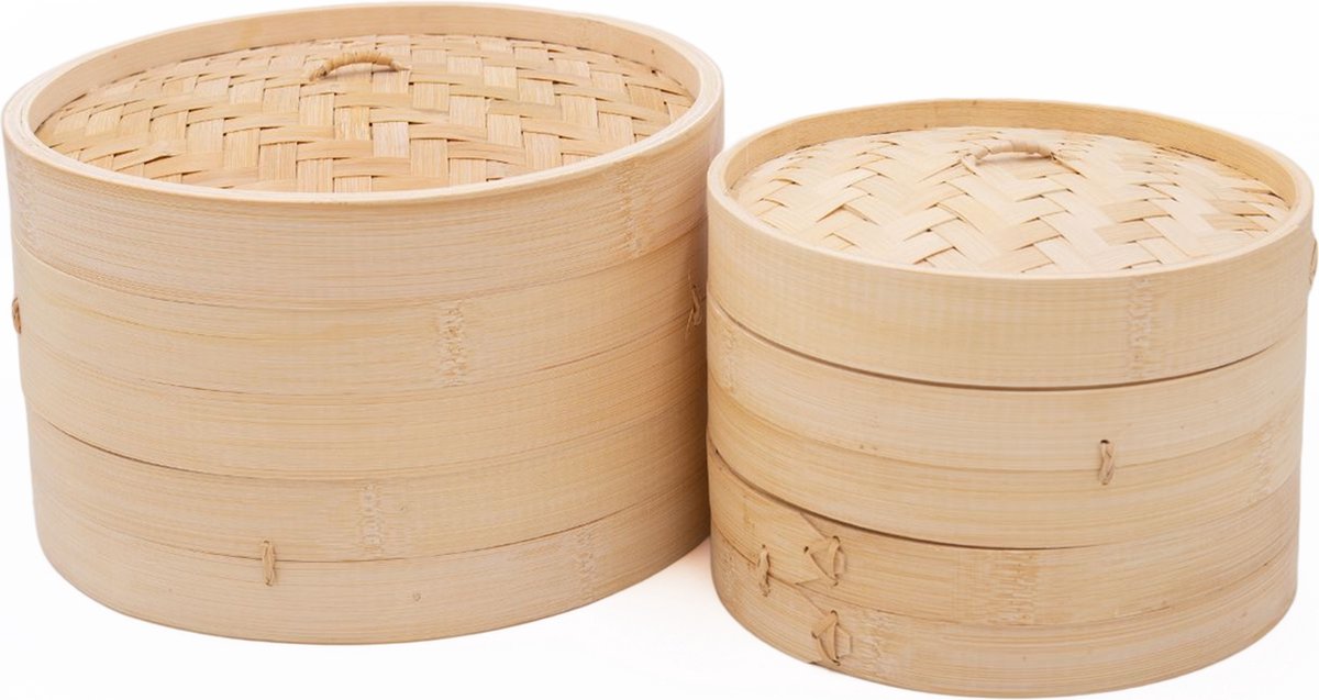KitchenCraft 2-delige Bamboo Steamer Set met Medium Tweelaags Steamer en Grote Tweelaags Steamer