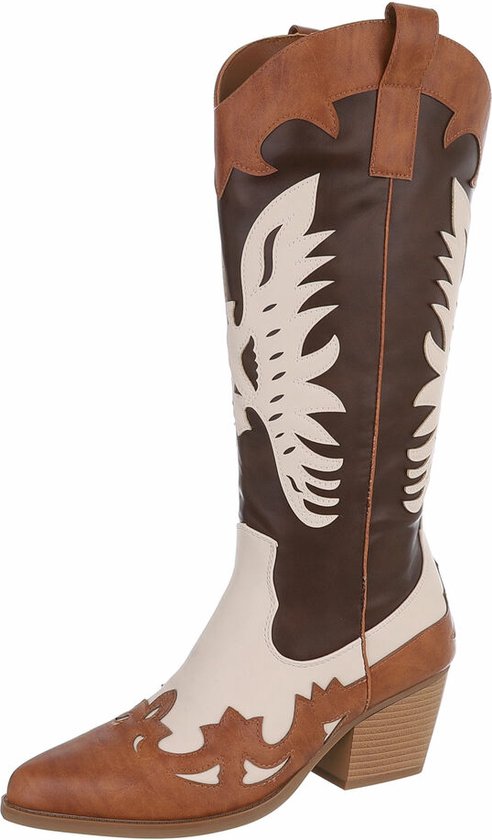 Foto: Zoezo design cowboylaarzen nieuwe collectie herfst winter 2024 2025 lange laarzen western laarzen hoogwaardig pu leder bruin beige ecru 3 tinten bruin met stiksel maat 38 hakhoogte 6 cm