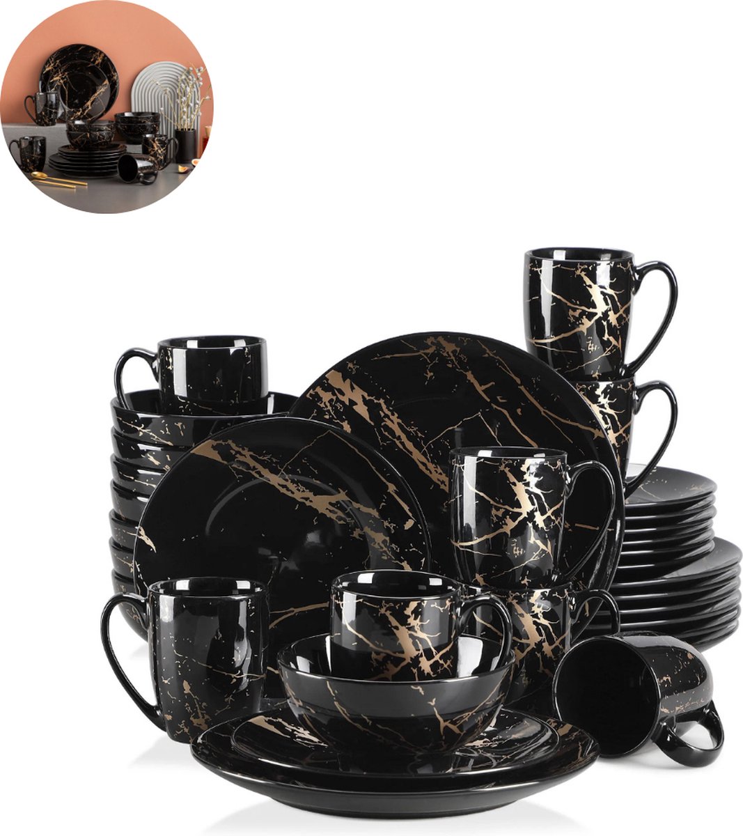 LBB Luxe Serviesset – 32 delig – 8 persoons – Porselein - Bordenset – Dinner platen – Dessertborden - Kommen - Mokken - Schaaltjes - Zwart