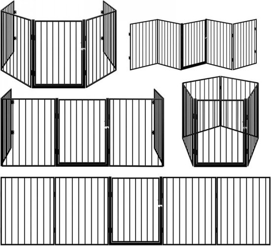Plusieurs configurations de barrières de sécurité noires en métal, y compris une configuration d'angle et une longue configuration droite.