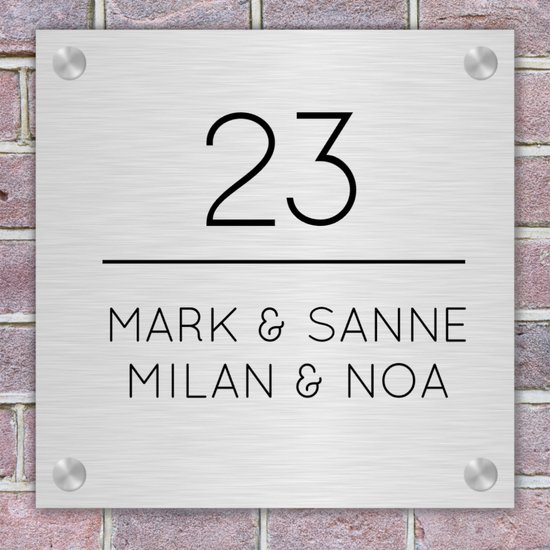 Foto: Naambordje voordeur vierkant brushed aluminium 15x15 cm naambordjes huis huisnummerbord bordje nummer huisnummer incl bevestigingsset rvs afstandhouders