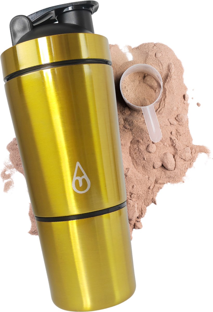 RVS Shakebeker met poedercompartiment - Motivai® - Goud - Shaker - 2 delige shaker - 600ml - Motivatie Waterfles - Voor het maken van Shake's - Thermo Shakebeker - Ook voor supplementen - extra compartiment van 200g - met shakebal