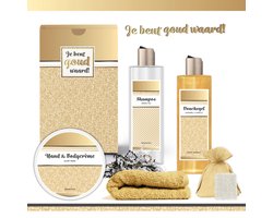 Geschenkset “Je bent goud waard!” - 5 producten - 730 gram | Giftset voor haar - Wellness Pakketje Vrouw Vriendin Cadeaupakket Bedankt Collega Cadeautje Zus Verjaardag Oma Moeder Vrijwilligster Zorg Moederdag Kerstpakketje Kerst Cadeau Gift Set Goud