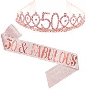 Snoes 50 & Fabulous Kroon met Glitter Sjerp | Verjaardag versiering | Rose & Goud | Tiara volwassenen