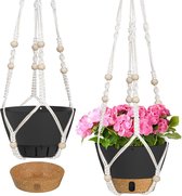 Plantenhanger Macrame Hangende Plantenbakken - Binnen Buiten Zelf Water gevende Bloempot - Afwateringsgat - Zichtbare Niveau Schaal - Donkergrijs - Set van 2 - 20 cm