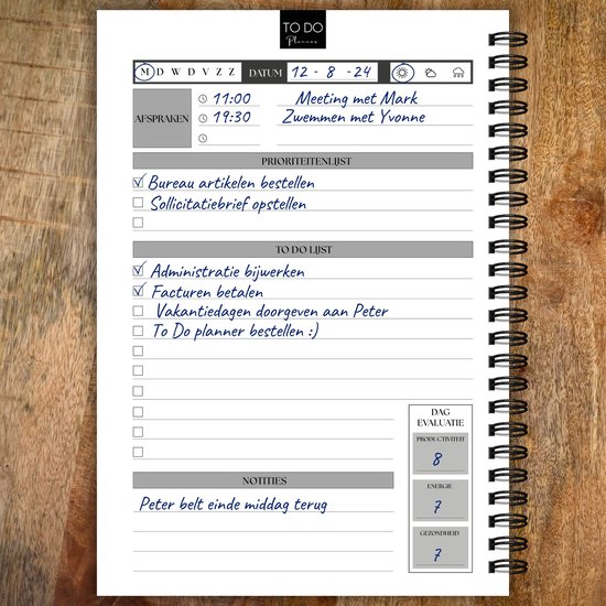 Pagina van TO DO Planner met afspraken, prioriteitenlijst, to-do lijst en dag evaluatie.