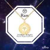 Gouden sterrenbeeld ketting Ram, met zodiaakteken en data '21 Maart - 20 April'.