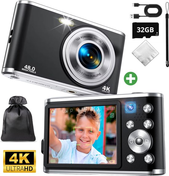 NT-48MP 4K Digitale Camera Voor Foto's - Vloggen Apparaat Met 180 Kantelbaar Scherm 16x Zoom Autofocus 32gb Tf Kaart En 2 Batterijen Inbegrepen Ideaal Voor Beginners