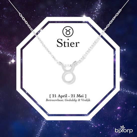 Zilverkleurige ketting met Taurus (Stier) symbool hanger op een kaart tegen een achtergrond van sterren.