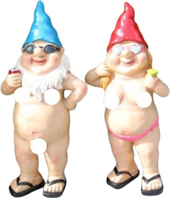 Amusant ensemble de nains de jardin nus - Homme et femme - Drôle de statue de jardin - Jolie décoration - Intérieur et extérieur - Nains - Set de 2 - Faïence
