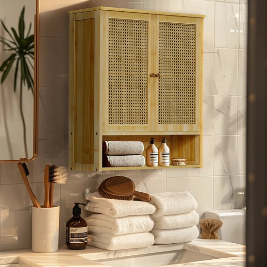 Foto: Amalee badkamer wandkast massief houten bamboe opbergkast met 3 planken en 2 deuren voor badkamer of keuken 