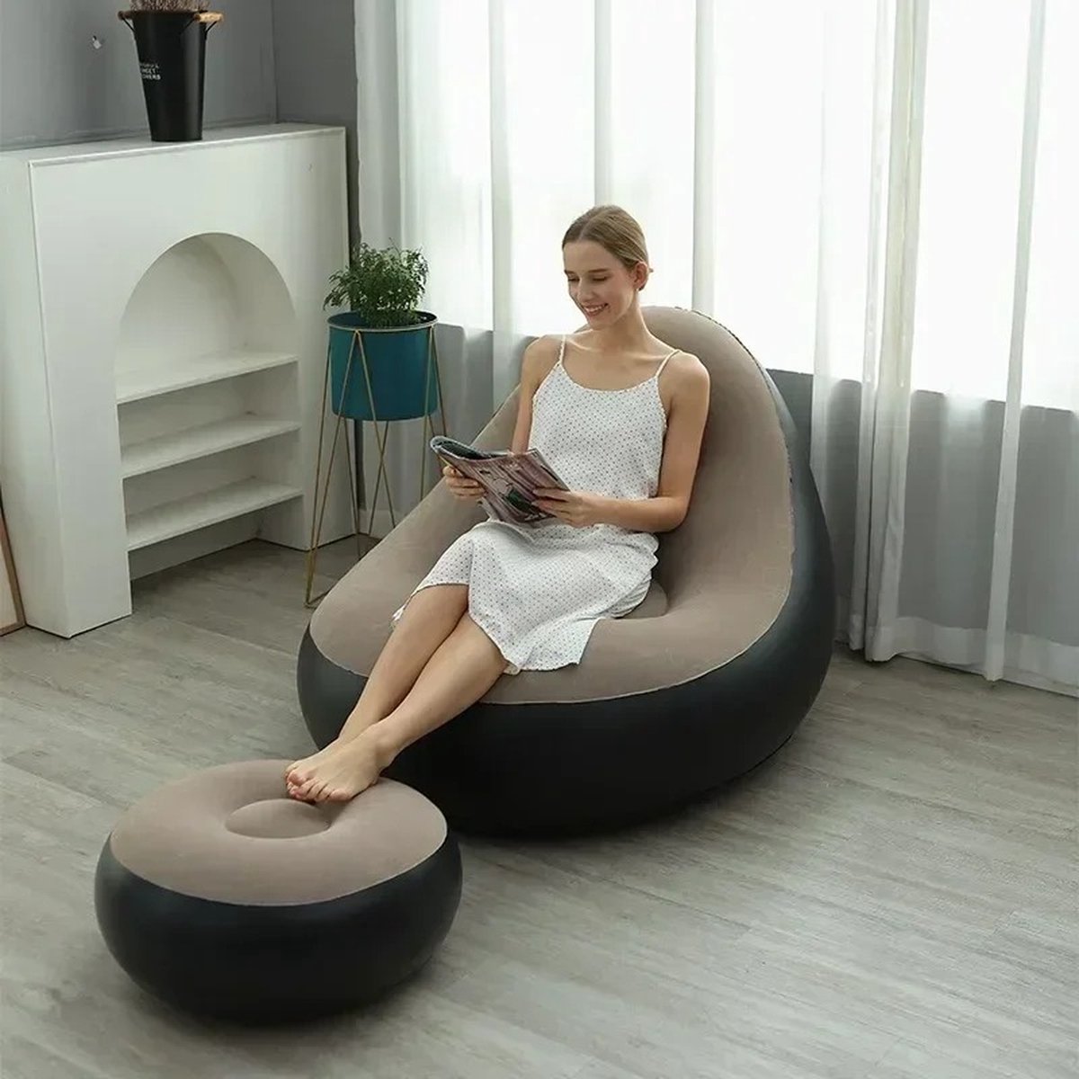 T&L Store® Opblaasbare bank - Opvouwbaar - Comfort - Releax - Binnen en Buiten - PVC - Fluwelen - Met Kruk - Beige