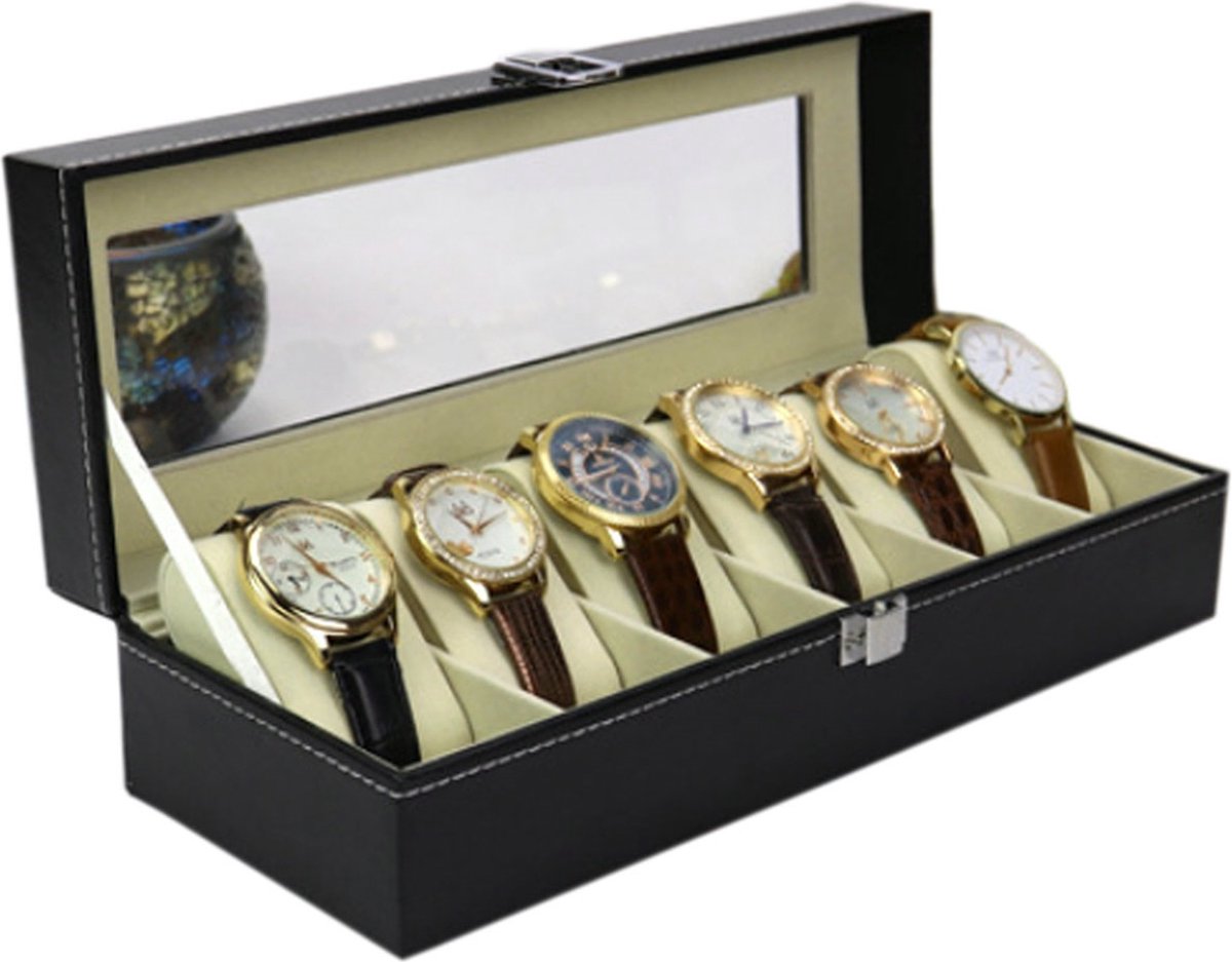 Luxe Horloge Doos - Opbergdoos - 6 Vakken Horlogedoos - Sieradendoos - Kist - Verwijderbare Kussens - Watch Box - Leder - Leer - Zwart - Beige