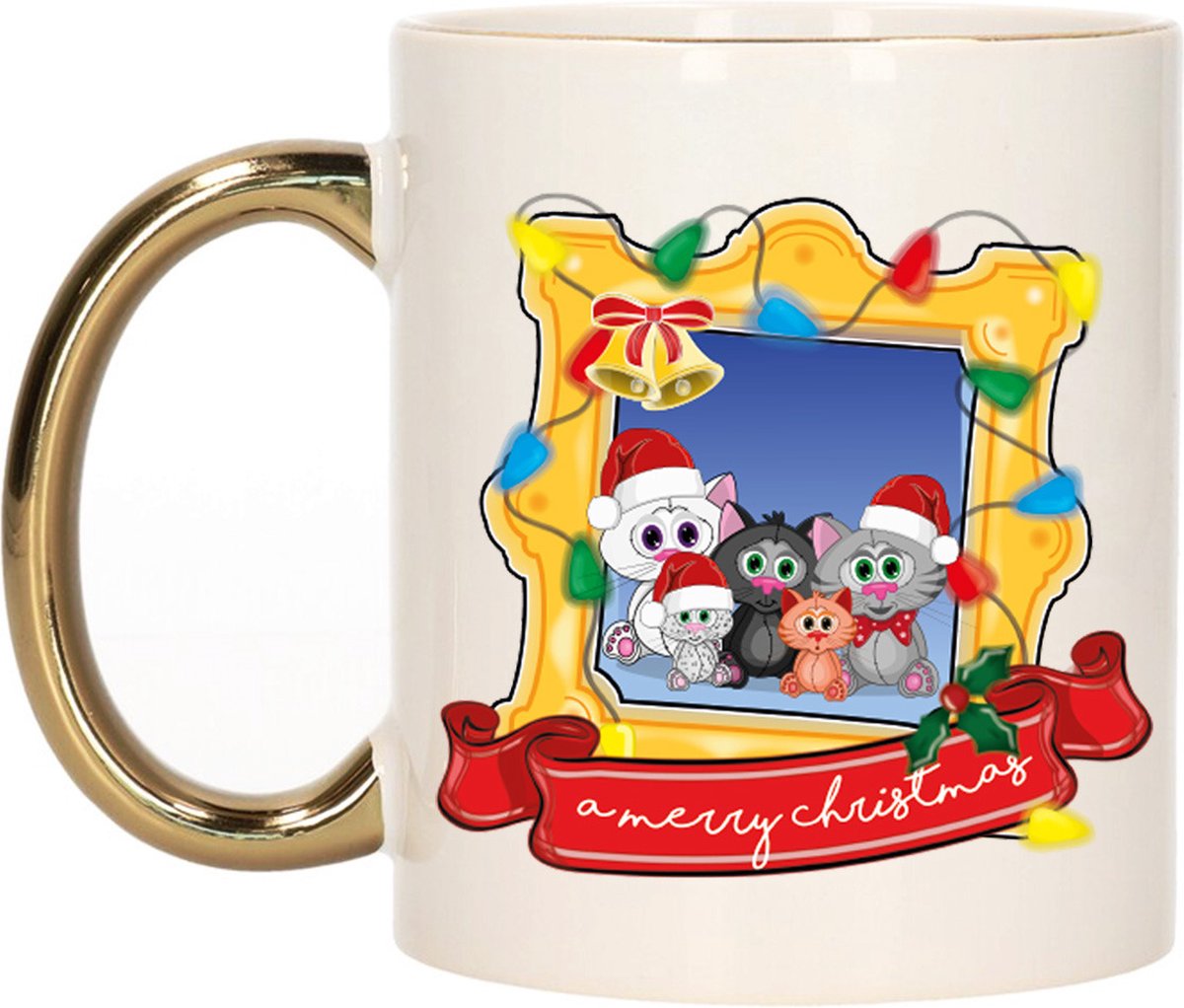 Bellatio Decorations Kerst cadeau koffiemok - kerst katjes - goud - 300 ml - keramiek