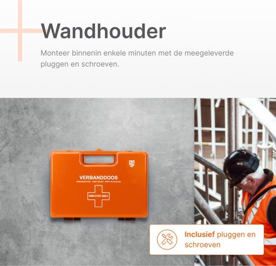 Oranje verbanddoos met het opschrift 'VERBANDDOOS' en een plus-icoon. De doos is bevestigd aan een wandhouder.