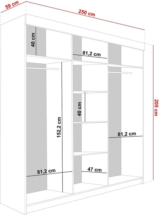 Armoire-Meuble de rangement-Miroir Garde-robes de chambre-Armoire à Vêtements -Tringle-Étagères-Armoire à portes Étagères-Lamaro 250 cm Wit Noir