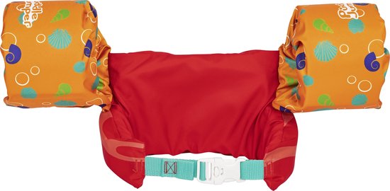 Detailopname van de oranje zwemvleugels met blauwe schelpen, gele visjes en rode borstband met mintgroene gesp en band. Geschikt voor 15-30 kg.