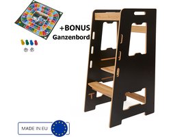 foto van Leertoren - Montessori Leertoren - Learning Tower - Opstapje - Keukentoren - Keukenhulp - Zwart Naturel leertoren Montessori - Antislip - Kindertrap - Leertoren peuters - Leer toren
