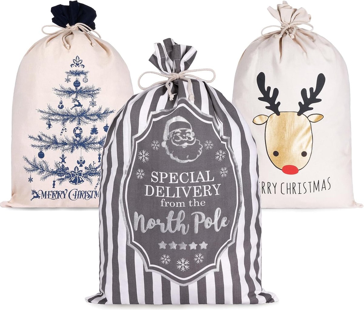 BRUBAKER Kerstzak Set van 3 stuks -80 cm Cadeauzak met Kerstmotieven - Kerstmanzak voor het Vullen en Inpakken van Cadeaus - Kerstdecoratiezak van Katoen
